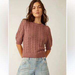 Free People Women's Eloise Puff Sleeve Sweater - Antique Oak Combo - XL - NWT
